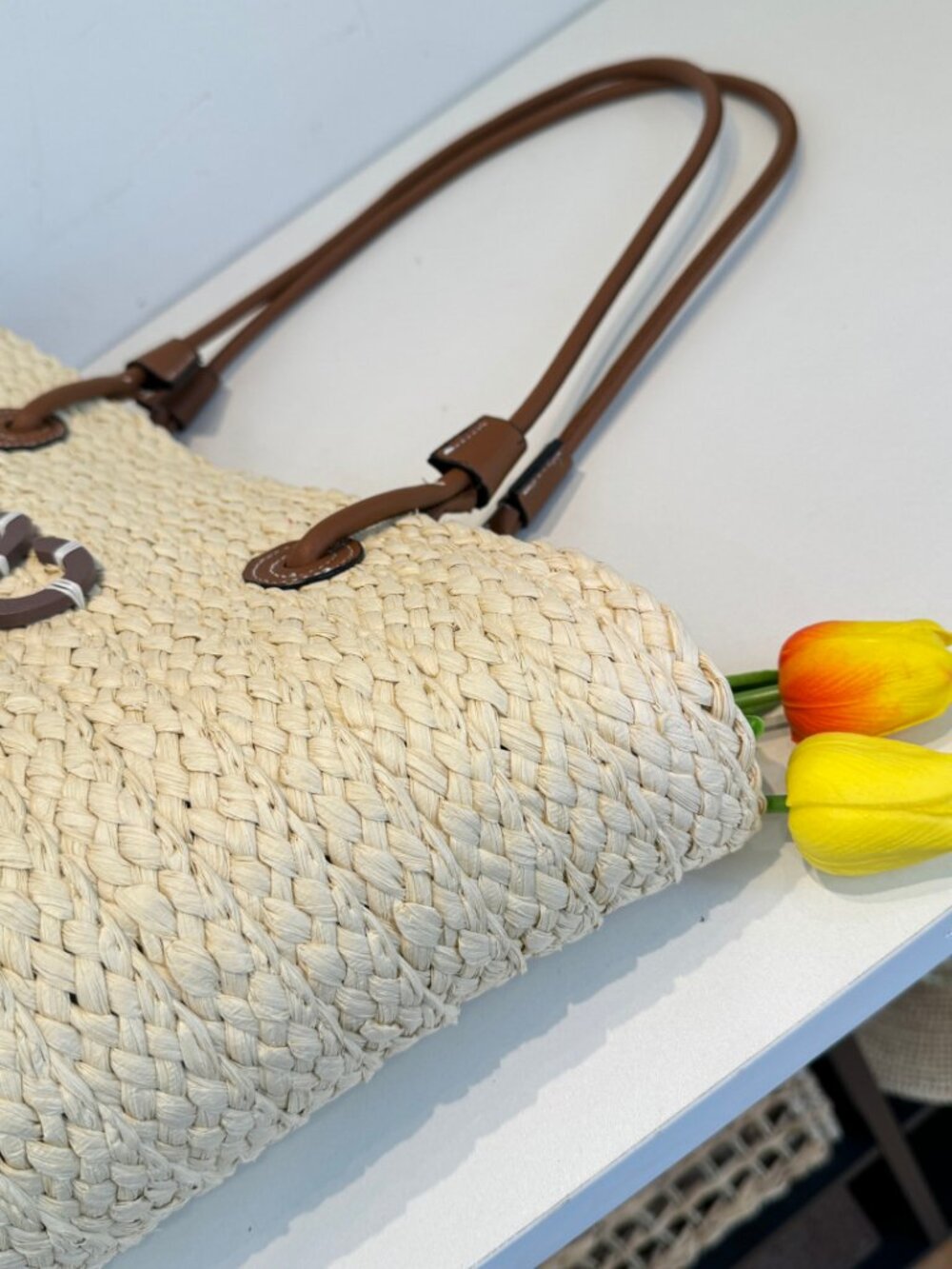 Loewe Natural Straw Tote with Brown Leather Handles and Purple Anagram - Picture 4 of 7